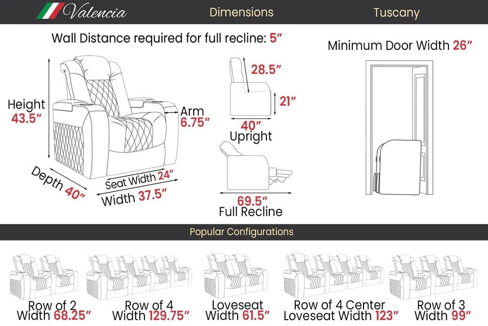 Valencia Tuscany Executive Premier Home Theater Seating with Heat & Massage, Top Grain Italian Nappa 11000 Leather Power Recliner Chair with Headrest & Lumbar Support (Row of 3 Loveseat Right, Black)