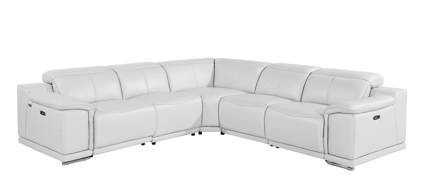 BlackJack Furniture Venice 5 Piece Top Grain Italian Leather Sectional Sofa with 3-Power Recliners, Adjustable Headrest, Lumbar Support, USB & Wireless Charger, Large Storage, 1 Console, White