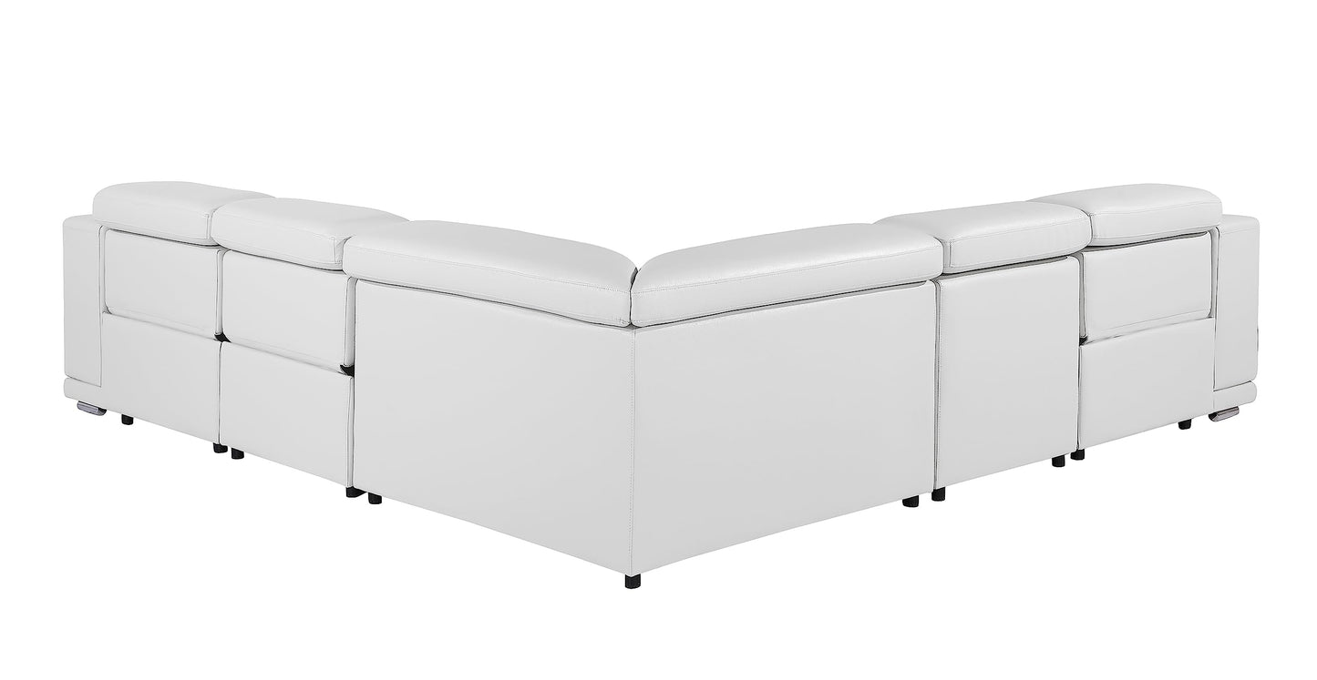 BlackJack Furniture Venice 5 Piece Top Grain Italian Leather Sectional Sofa with 3-Power Recliners, Adjustable Headrest, Lumbar Support, USB & Wireless Charger, Large Storage, 1 Console, White