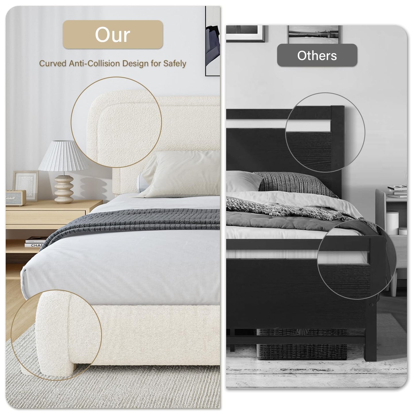Queen Bed Frame with Headboard, Boucle Upholstered Platform Bed with Wood Slats, Soft Rounded Corners, No Box Spring Required, Easy Assembly, Cream