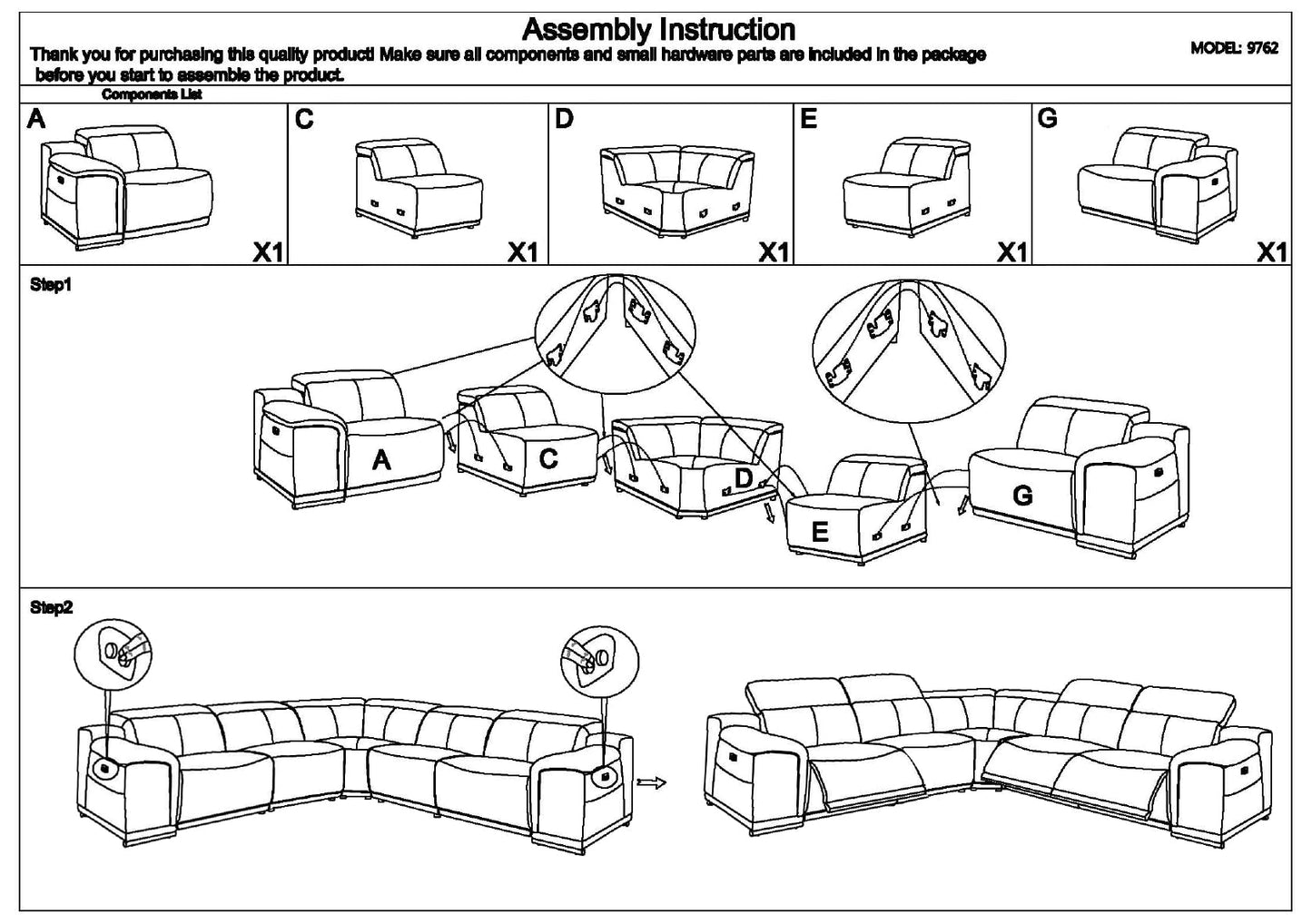 BlackJack Furniture Venice 5 Piece Top Grain Italian Leather Sectional Sofa with 3-Power Recliners, Adjustable Headrest, Lumbar Support, USB & Wireless Charger, Large Storage, 1 Console, White
