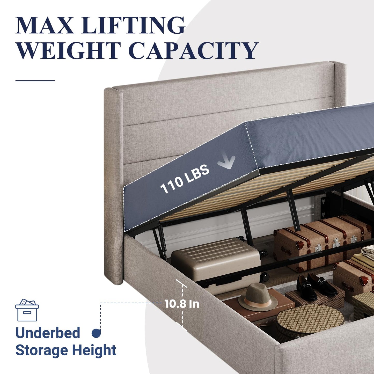 Allewie Queen Size Lift Up Storage Bed, Modern Wingback Headboard, Hydraulic Support, No Box Spring Needed, Light Beige
