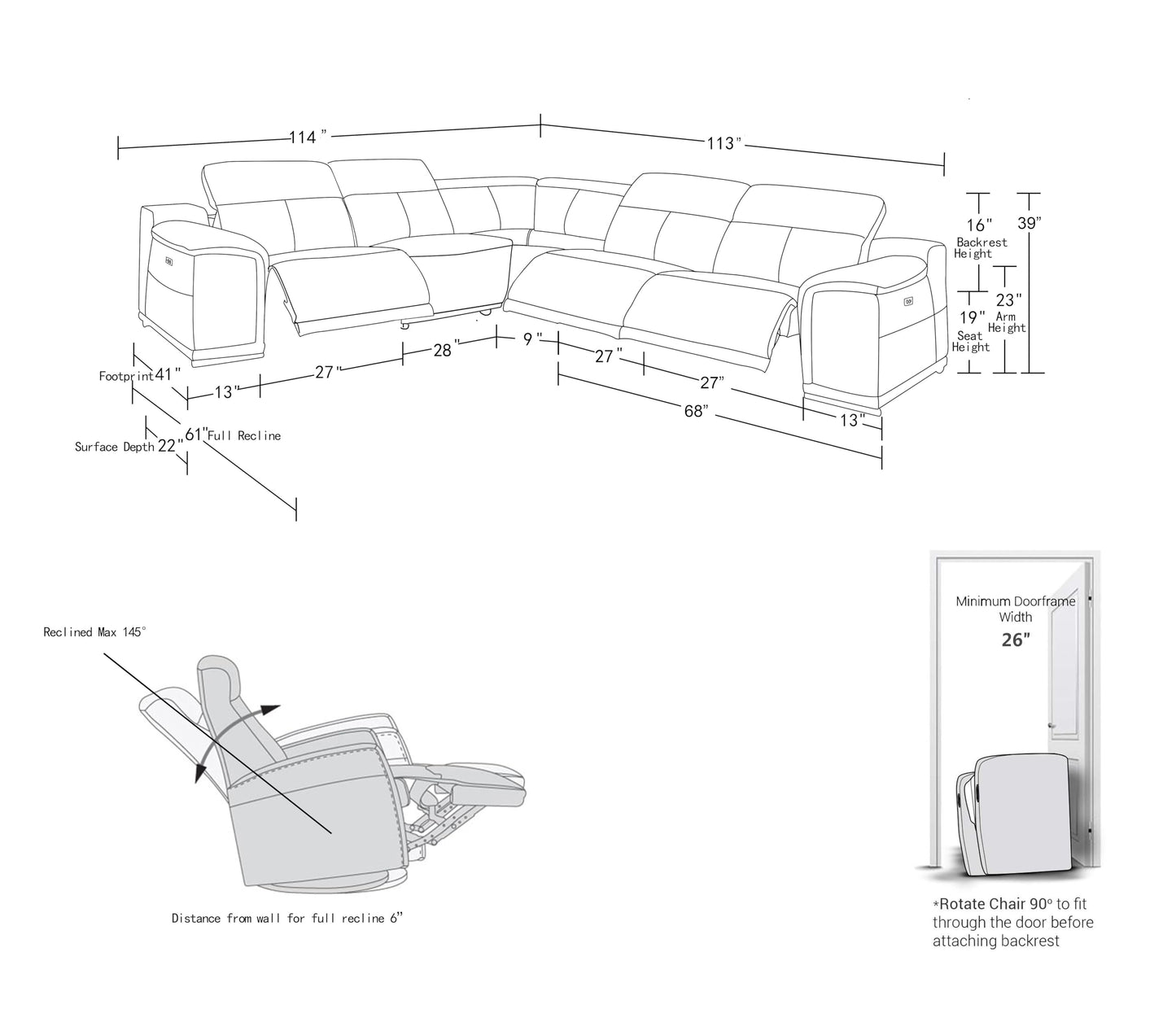 BlackJack Furniture Venice 5 Piece Top Grain Italian Leather Sectional Sofa with 3-Power Recliners, Adjustable Headrest, Lumbar Support, USB & Wireless Charger, Large Storage, 1 Console, White