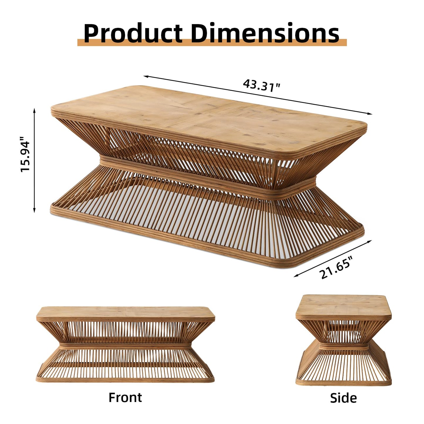 Boho Rectangle Coffee Table, 43.3" Farmhouse Accent Center Tables with Woven Bamboo Openwork Base, French Country Sofa Tables Wooden Cocktail Tea Furniture for Living Room