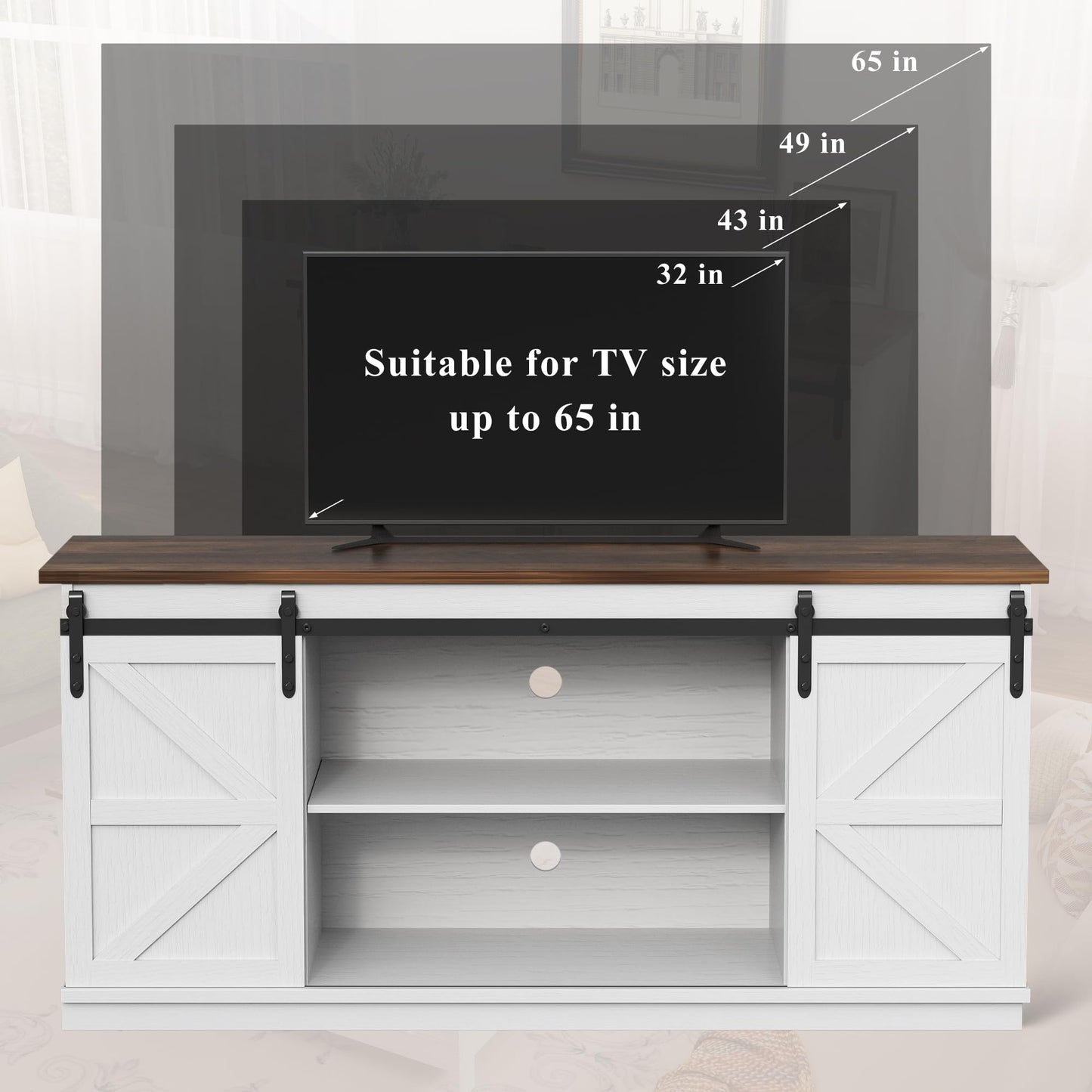 YESHOMY Farmhouse TV Stand for Televisions up to 65 Inches, Sliding Barn Doors and Storage Cabinets, Console Table and Media Furniture for Living Room, 58 Inch, Milk White