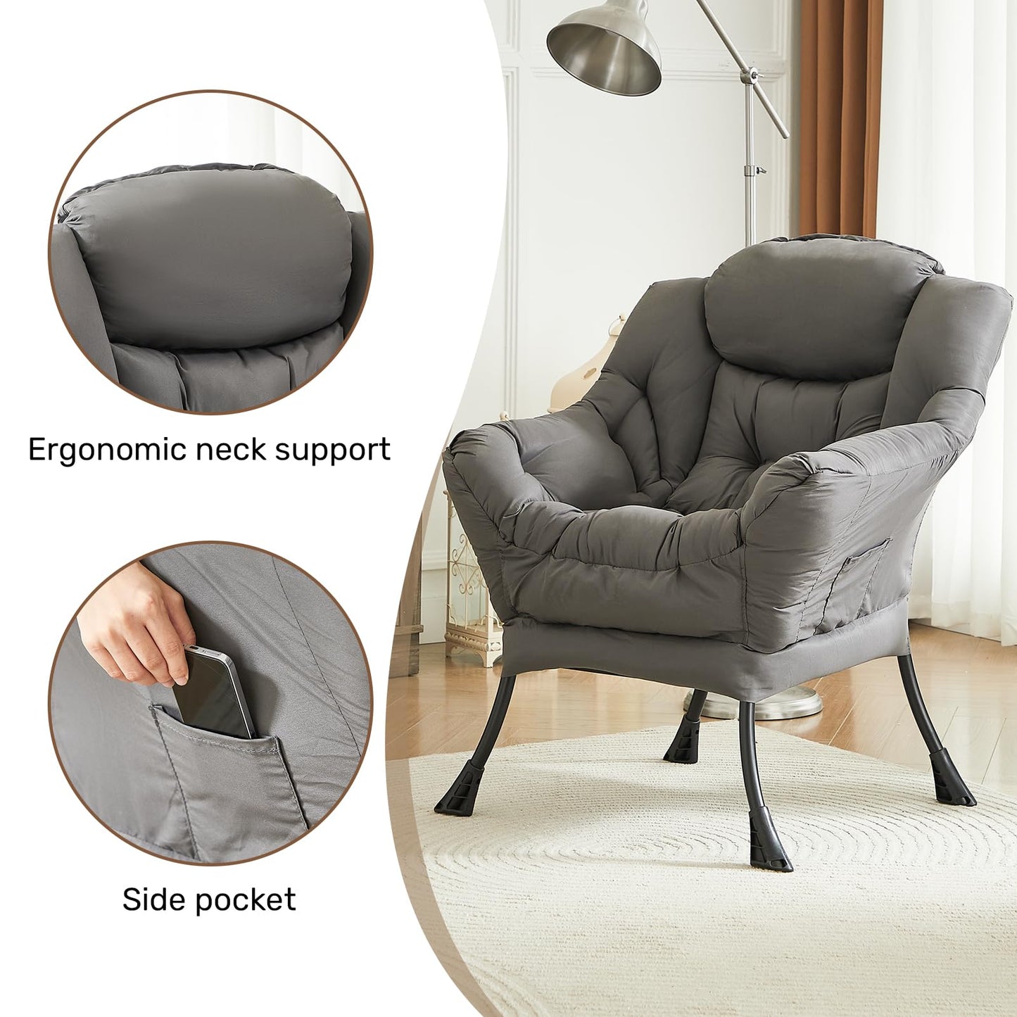 HollyHOME Large Fabric Lazy Chair for Living Room Cozy Accent Reading Chair with Armrests Comfy Lounge Sofa Chair for Bedroom, Dorm & Small Spaces | Dark Grey
