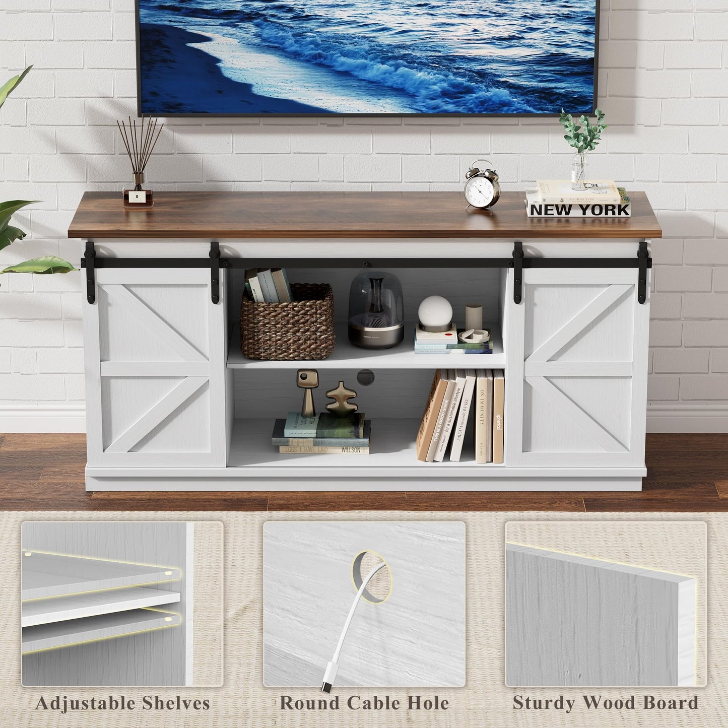 YESHOMY Farmhouse TV Stand for Televisions up to 65 Inches, Sliding Barn Doors and Storage Cabinets, Console Table and Media Furniture for Living Room, 58 Inch, Milk White