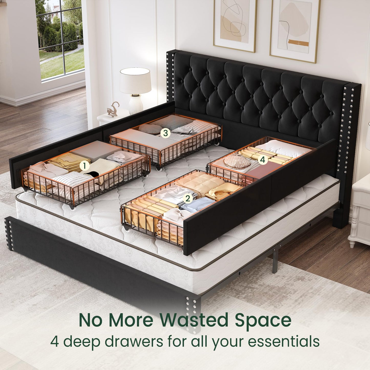 LARMACE King Size Bed Frame with 4 Storage Drawers and Tufted Headboard Linen Upholstered Platform Bed Frame with Heavy Duty Wood Slats, No Box Spring Needed, Easy Assembly,Black