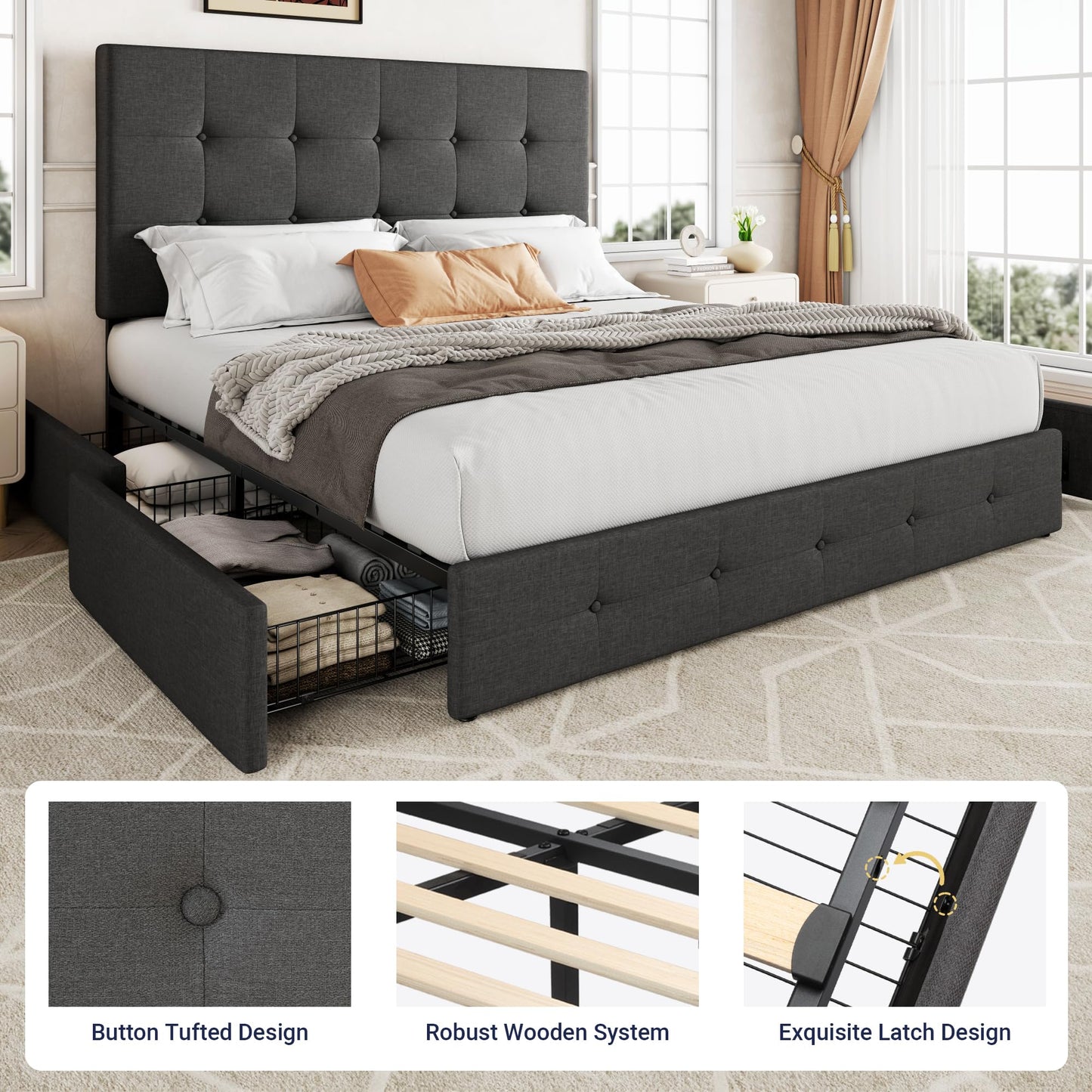 Allewie Upholstered Queen Size Platform Bed Frame with 4 Storage Drawers and Headboard, Square Stitched Button Tufted, Mattress Foundation with Wooden Slats Support, No Box Spring Needed, Dark Grey