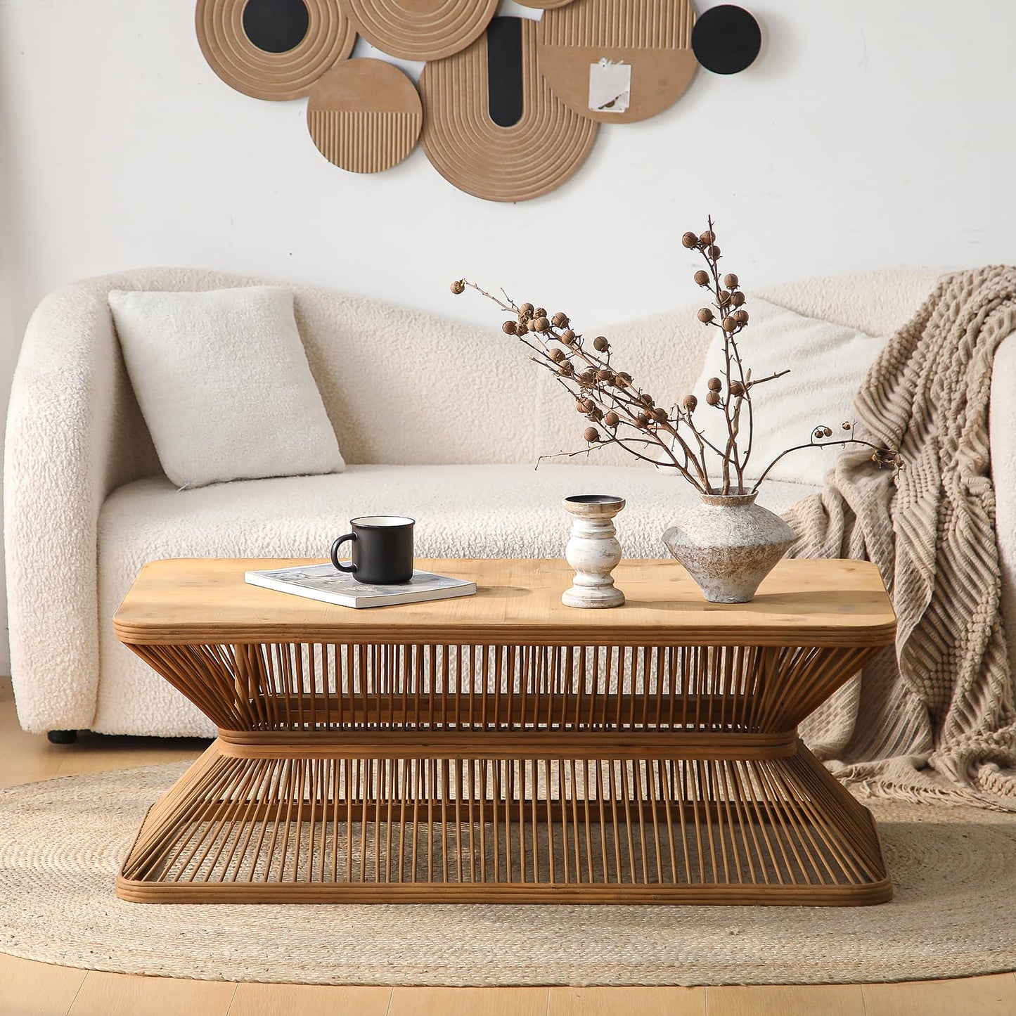 Boho Rectangle Coffee Table, 43.3" Farmhouse Accent Center Tables with Woven Bamboo Openwork Base, French Country Sofa Tables Wooden Cocktail Tea Furniture for Living Room