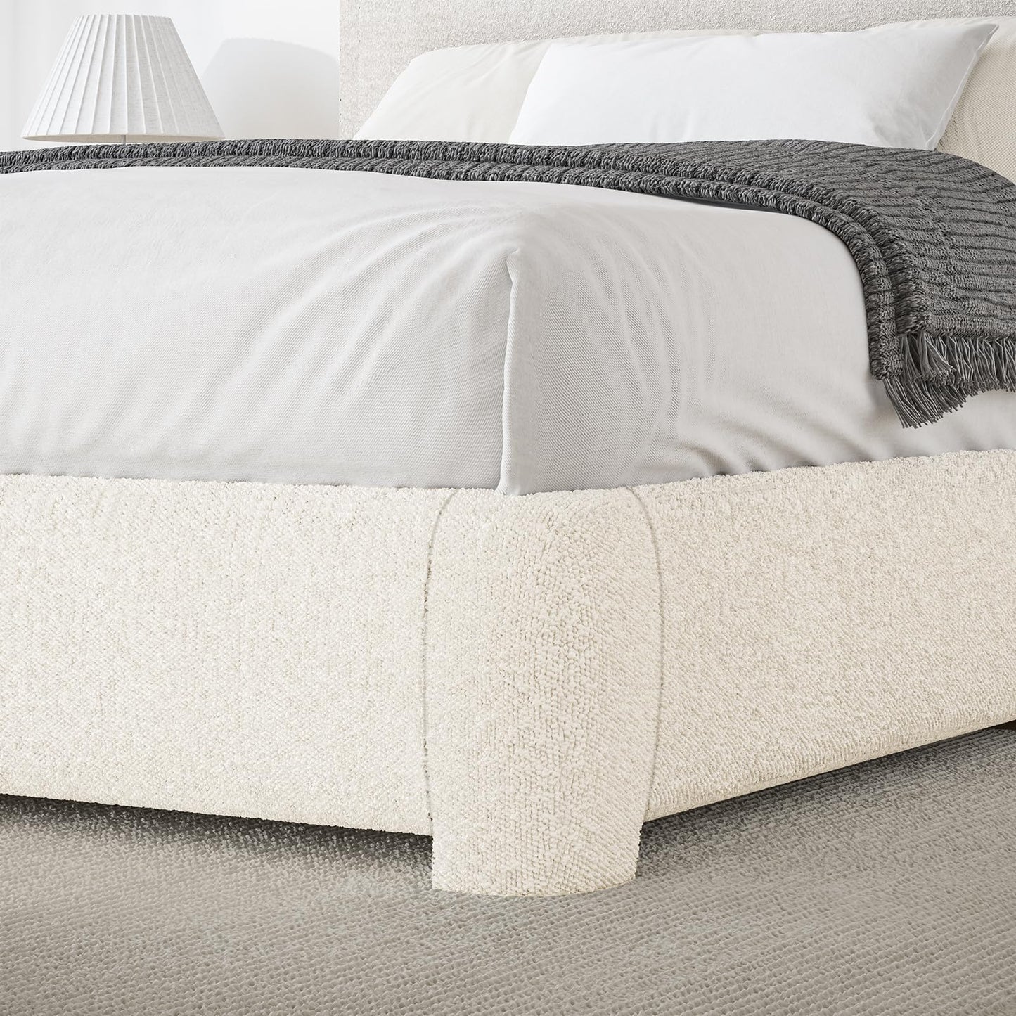 Queen Bed Frame with Headboard, Boucle Upholstered Platform Bed with Wood Slats, Soft Rounded Corners, No Box Spring Required, Easy Assembly, Cream