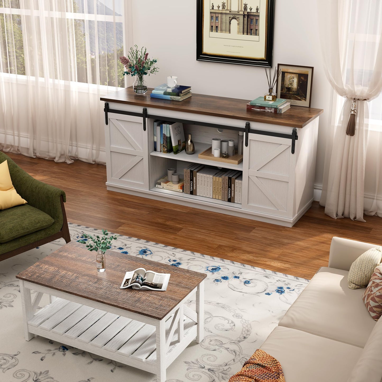 YESHOMY Farmhouse TV Stand for Televisions up to 65 Inches, Sliding Barn Doors and Storage Cabinets, Console Table and Media Furniture for Living Room, 58 Inch, Milk White