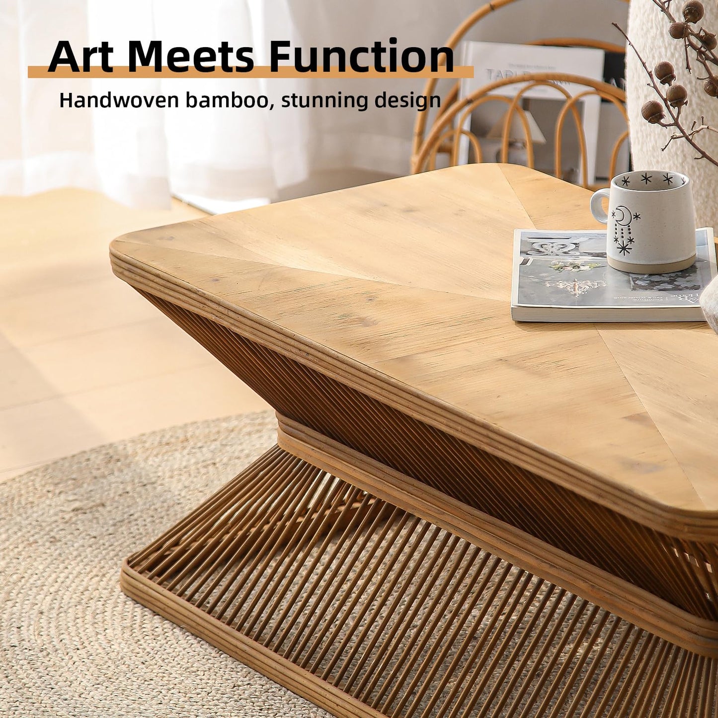 Boho Rectangle Coffee Table, 43.3" Farmhouse Accent Center Tables with Woven Bamboo Openwork Base, French Country Sofa Tables Wooden Cocktail Tea Furniture for Living Room