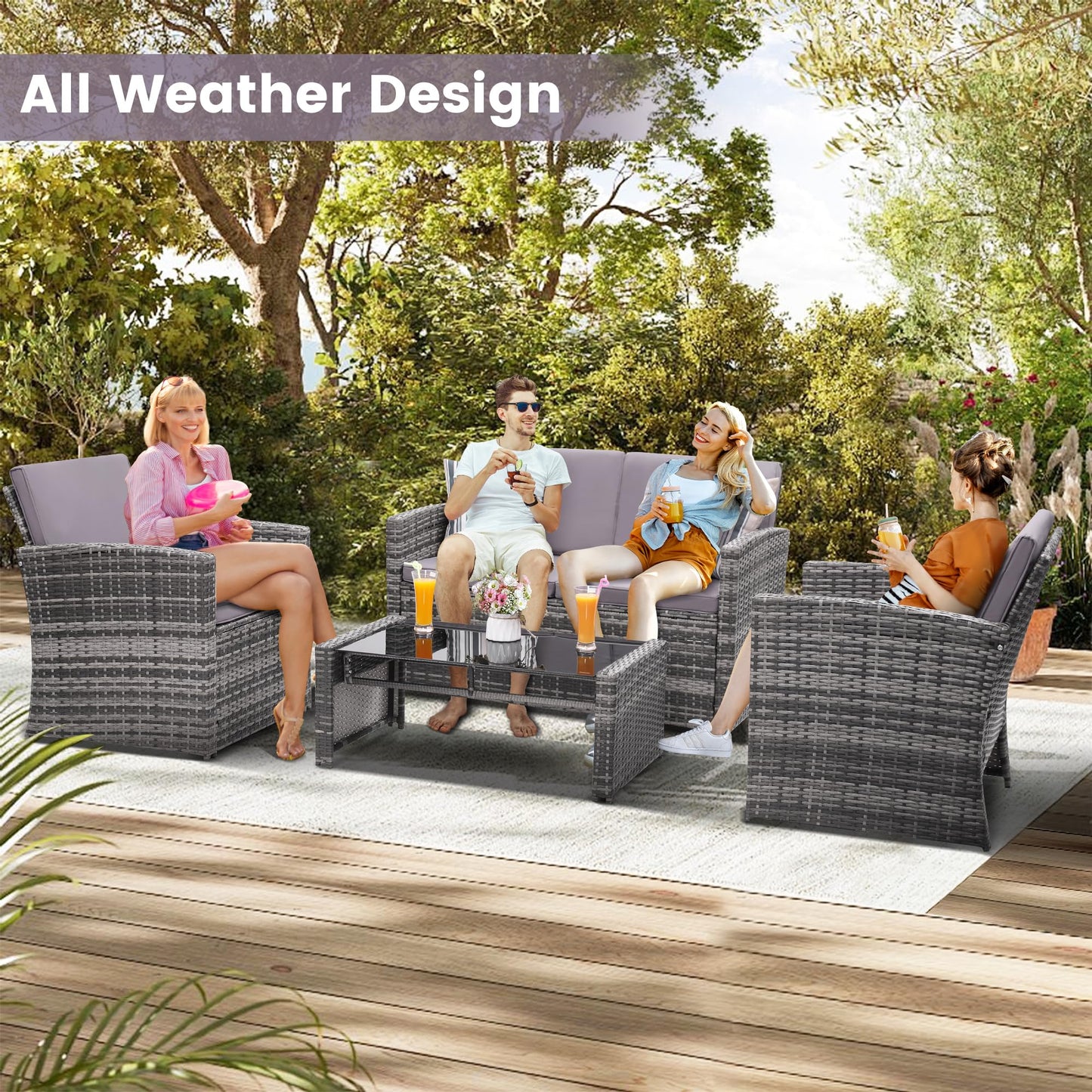 KROFEM 4 Pieces Patio Conversation Set, Outside Rattan Sectional Sofa, Cushioned Furniture Set, Wicker Sofa Ideal for Garden, Porch, Backyard, Grey Color Rattan and Light Grey Cushion