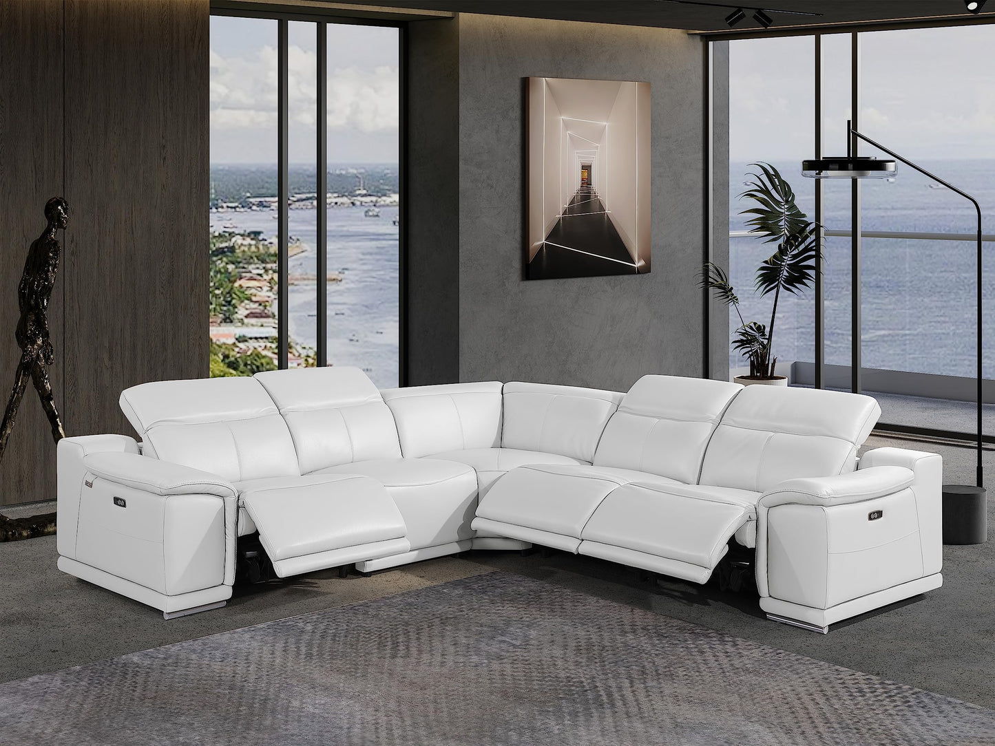 BlackJack Furniture Venice 5 Piece Top Grain Italian Leather Sectional Sofa with 3-Power Recliners, Adjustable Headrest, Lumbar Support, USB & Wireless Charger, Large Storage, 1 Console, White