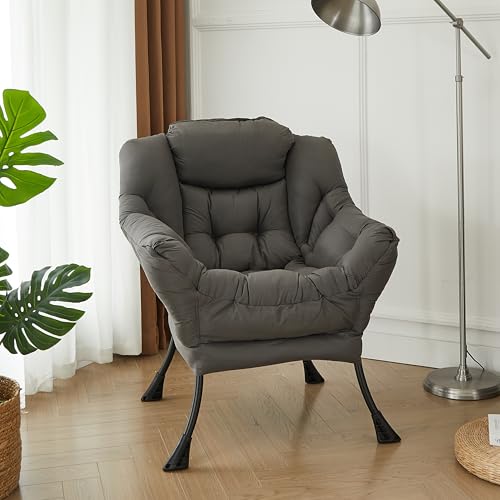 HollyHOME Large Fabric Lazy Chair for Living Room Cozy Accent Reading Chair with Armrests Comfy Lounge Sofa Chair for Bedroom, Dorm & Small Spaces | Dark Grey