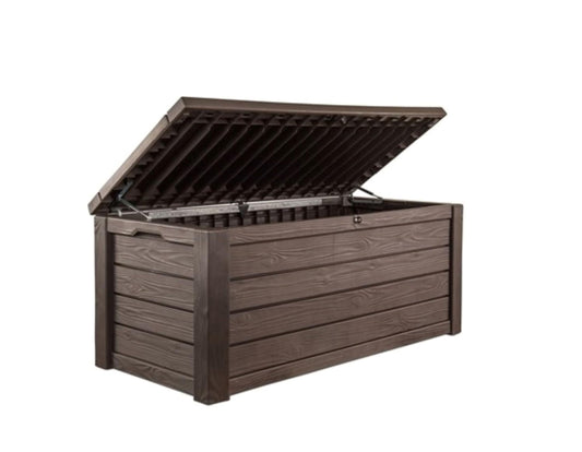 Keter 150 Gallon Resin Large Deck Box Organization and Storage Box for Patio, Outdoor Cushions, Garden Tools, Brown