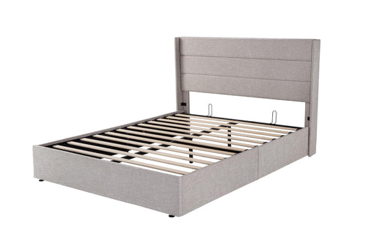 Allewie Queen Size Lift Up Storage Bed, Modern Wingback Headboard, Hydraulic Support, No Box Spring Needed, Light Beige