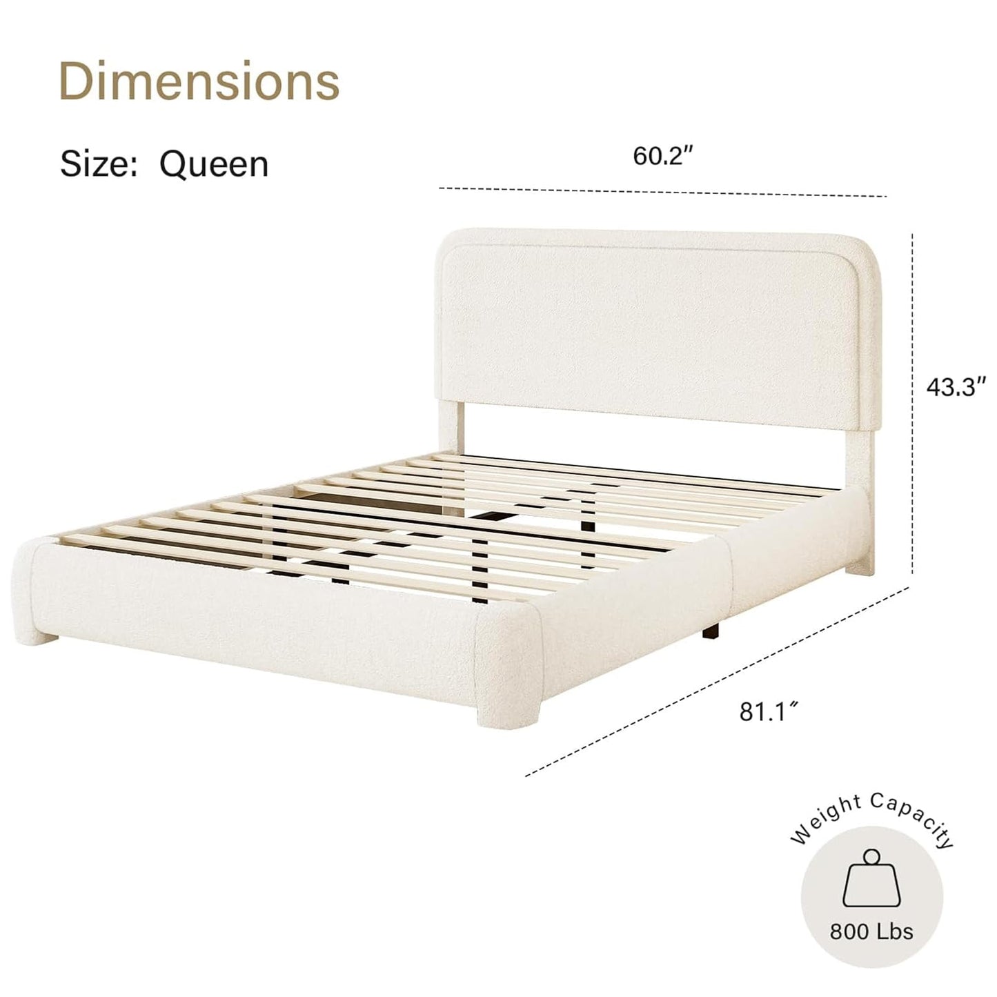 Queen Bed Frame with Headboard, Boucle Upholstered Platform Bed with Wood Slats, Soft Rounded Corners, No Box Spring Required, Easy Assembly, Cream