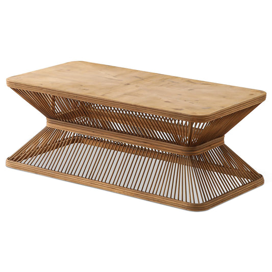Boho Rectangle Coffee Table, 43.3" Farmhouse Accent Center Tables with Woven Bamboo Openwork Base, French Country Sofa Tables Wooden Cocktail Tea Furniture for Living Room