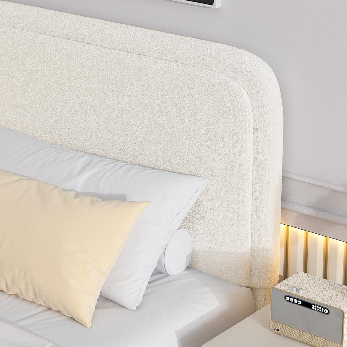Queen Bed Frame with Headboard, Boucle Upholstered Platform Bed with Wood Slats, Soft Rounded Corners, No Box Spring Required, Easy Assembly, Cream