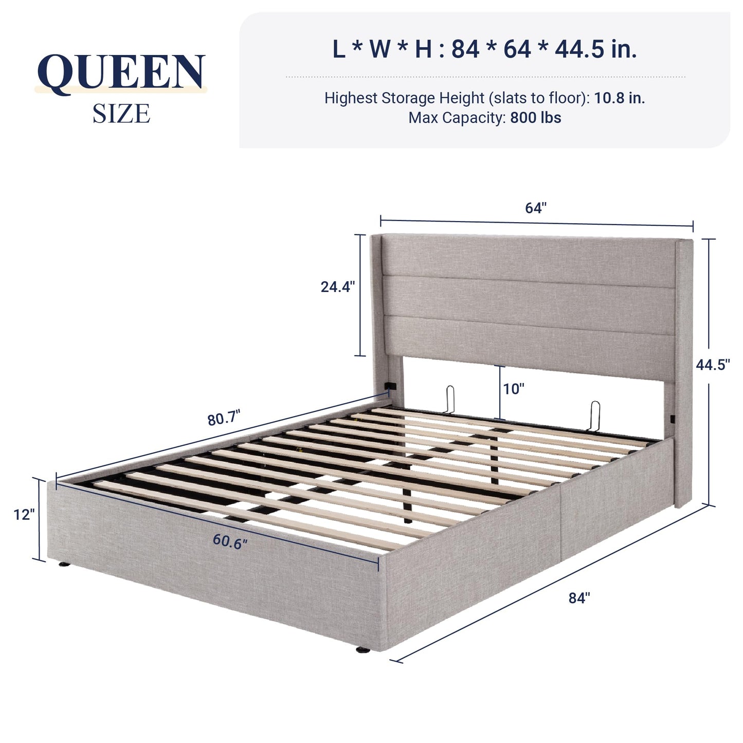 Allewie Queen Size Lift Up Storage Bed, Modern Wingback Headboard, Hydraulic Support, No Box Spring Needed, Light Beige