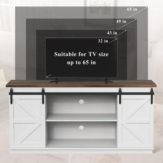 YESHOMY Farmhouse TV Stand for Televisions up to 65 Inches, Sliding Barn Doors and Storage Cabinets, Console Table and Media Furniture for Living Room, 58 Inch, Milk White