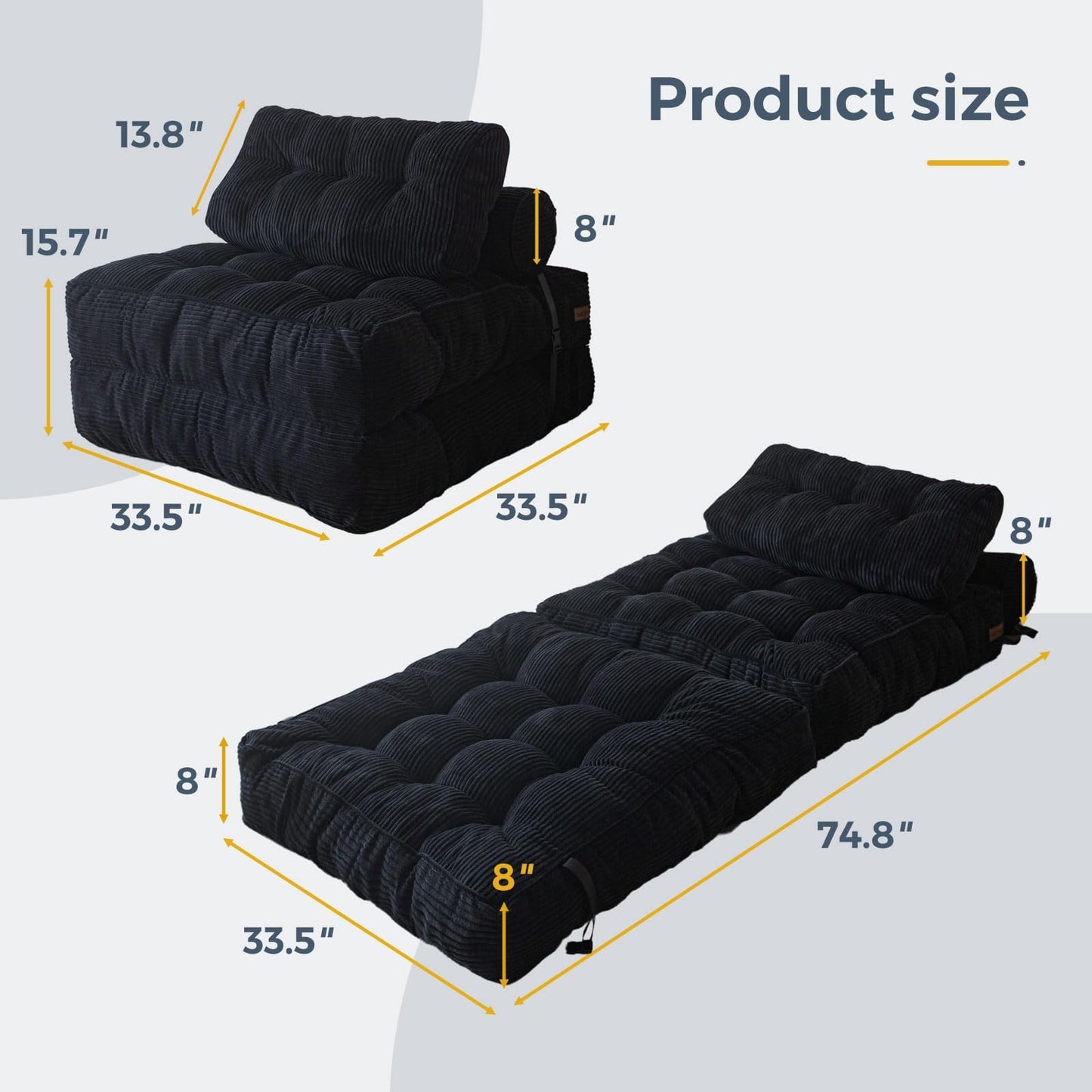 MAXYOYO Folding Sofa Bed, Convertible Sleeper Chair with Pillow Foldable Mattress with Back Support, Portable Fold Out Chair Bed Comfy Floor Sofa Lounge for Living Room Bedroom, Black, Single
