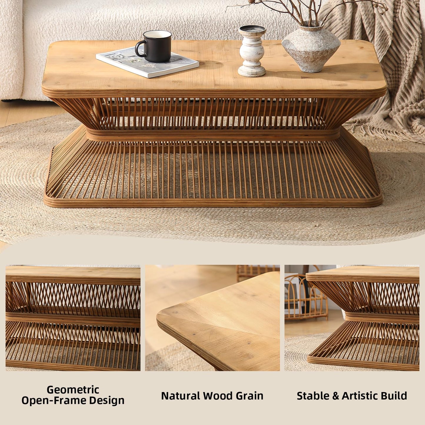Boho Rectangle Coffee Table, 43.3" Farmhouse Accent Center Tables with Woven Bamboo Openwork Base, French Country Sofa Tables Wooden Cocktail Tea Furniture for Living Room
