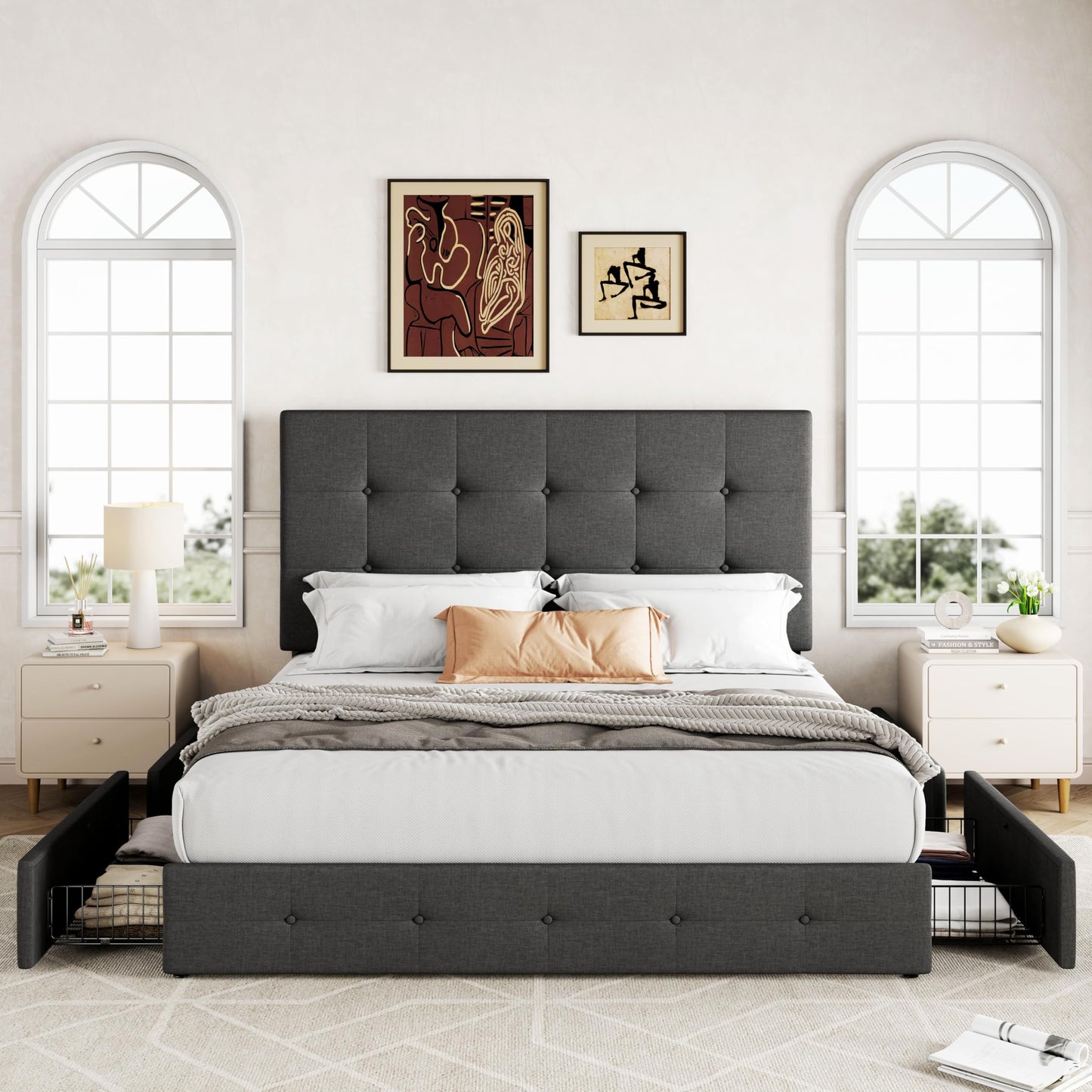 Allewie Upholstered Queen Size Platform Bed Frame with 4 Storage Drawers and Headboard, Square Stitched Button Tufted, Mattress Foundation with Wooden Slats Support, No Box Spring Needed, Dark Grey