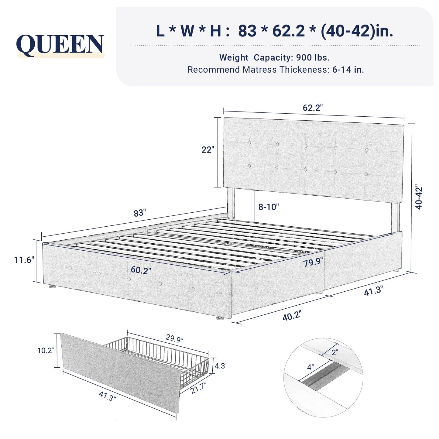 Allewie Upholstered Queen Size Platform Bed Frame with 4 Storage Drawers and Headboard, Square Stitched Button Tufted, Mattress Foundation with Wooden Slats Support, No Box Spring Needed, Dark Grey
