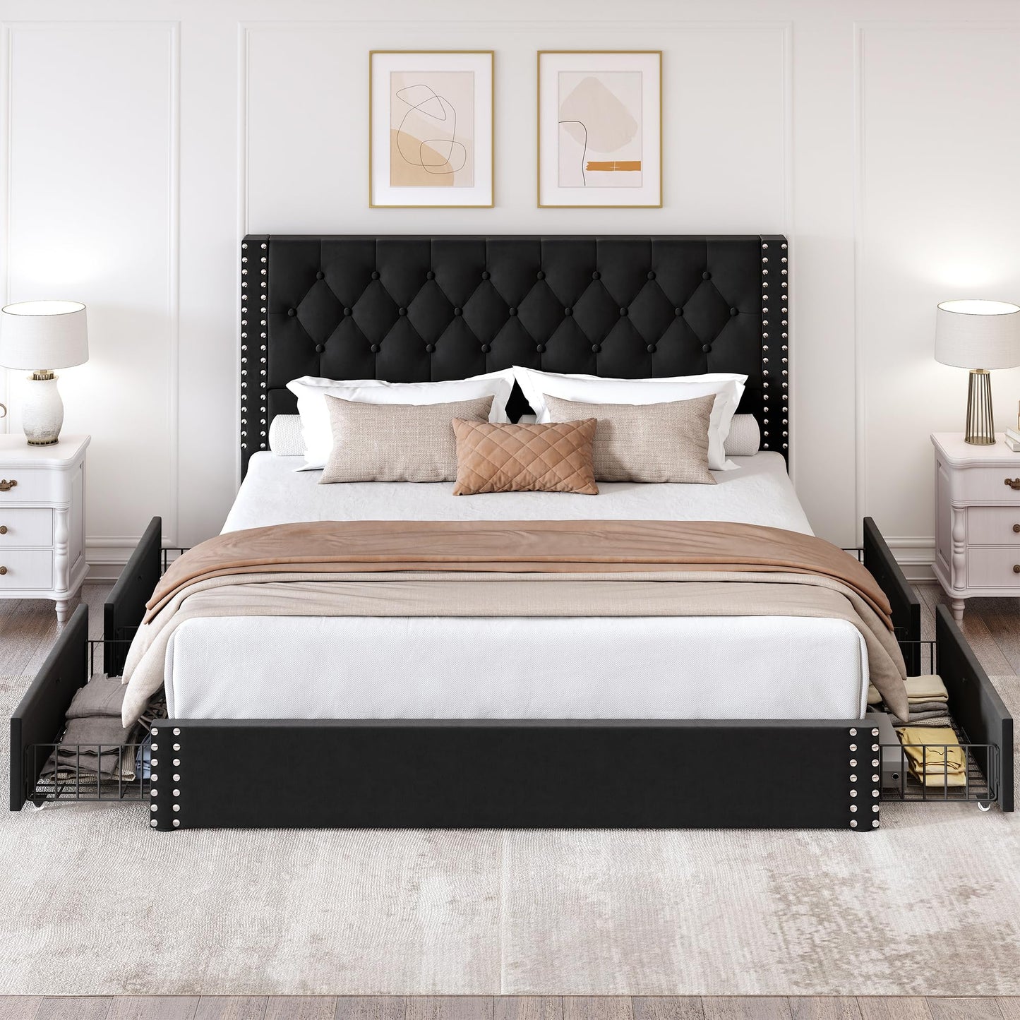 LARMACE King Size Bed Frame with 4 Storage Drawers and Tufted Headboard Linen Upholstered Platform Bed Frame with Heavy Duty Wood Slats, No Box Spring Needed, Easy Assembly,Black