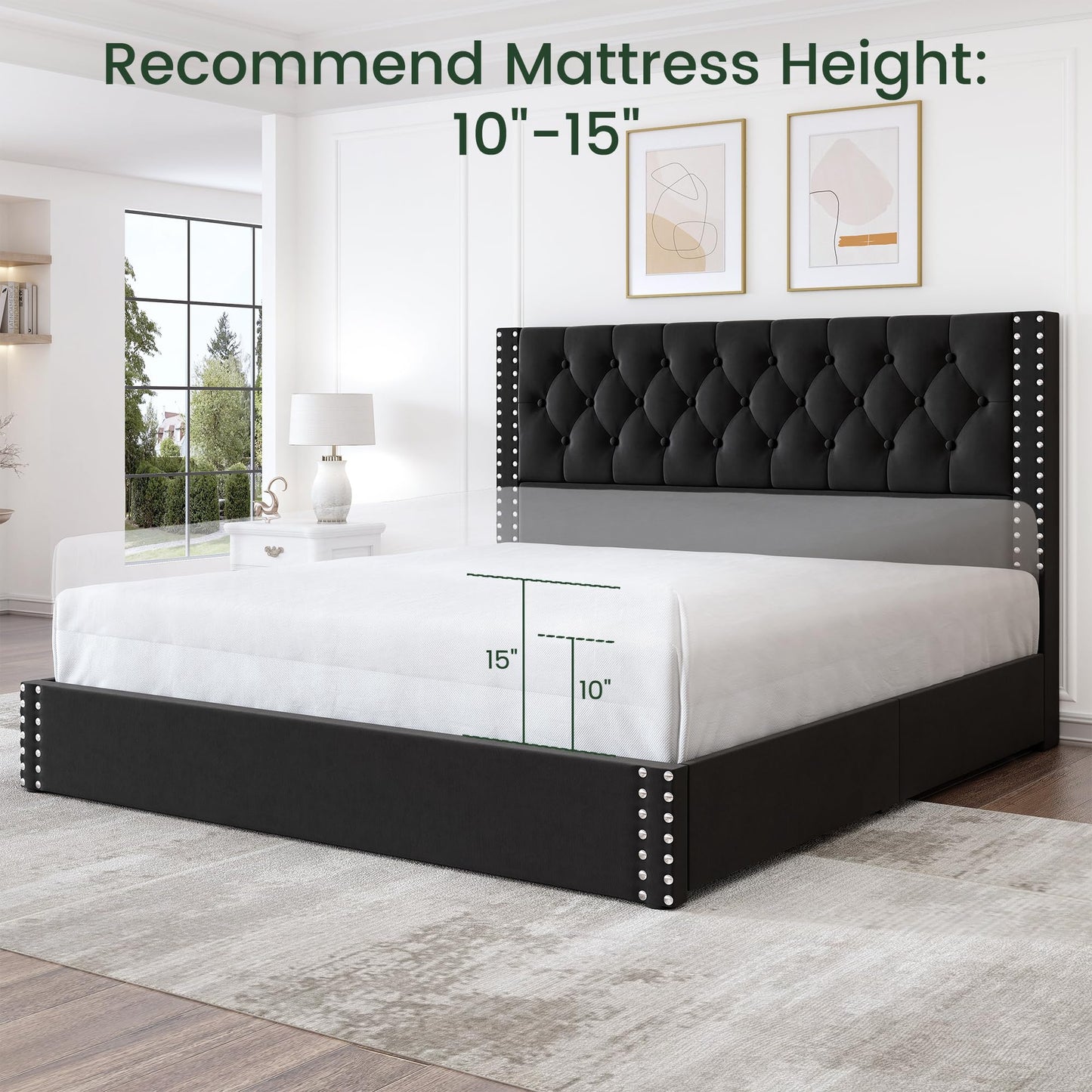 LARMACE King Size Bed Frame with 4 Storage Drawers and Tufted Headboard Linen Upholstered Platform Bed Frame with Heavy Duty Wood Slats, No Box Spring Needed, Easy Assembly,Black