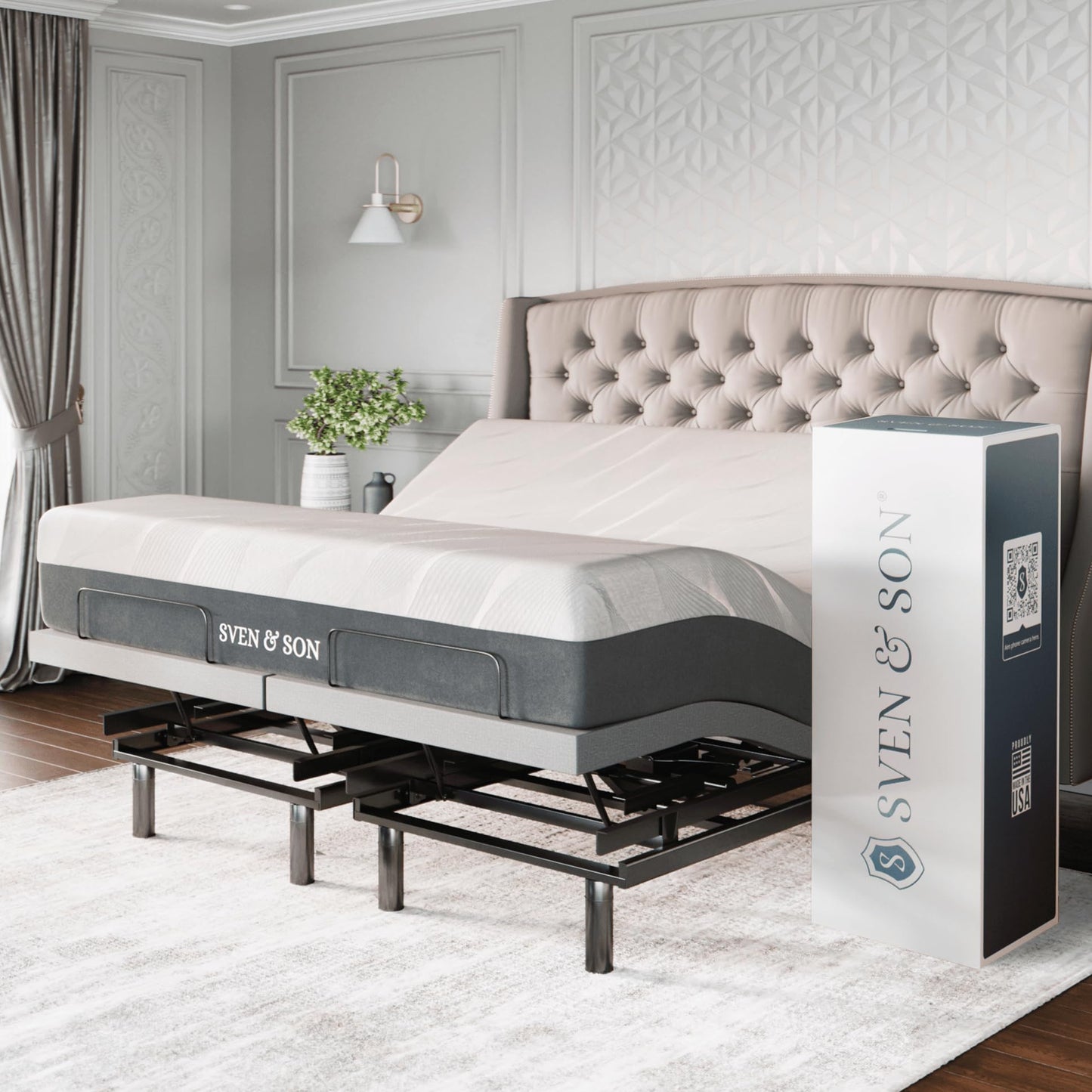 Sven & Son Platinum Adjustable Bed Base Frame + 14 inch Hybrid Spring Matt (Medium Soft), Lumbar Support, Head-Pillow-Tilt, Massage, Under-Bed Lights, USB - King