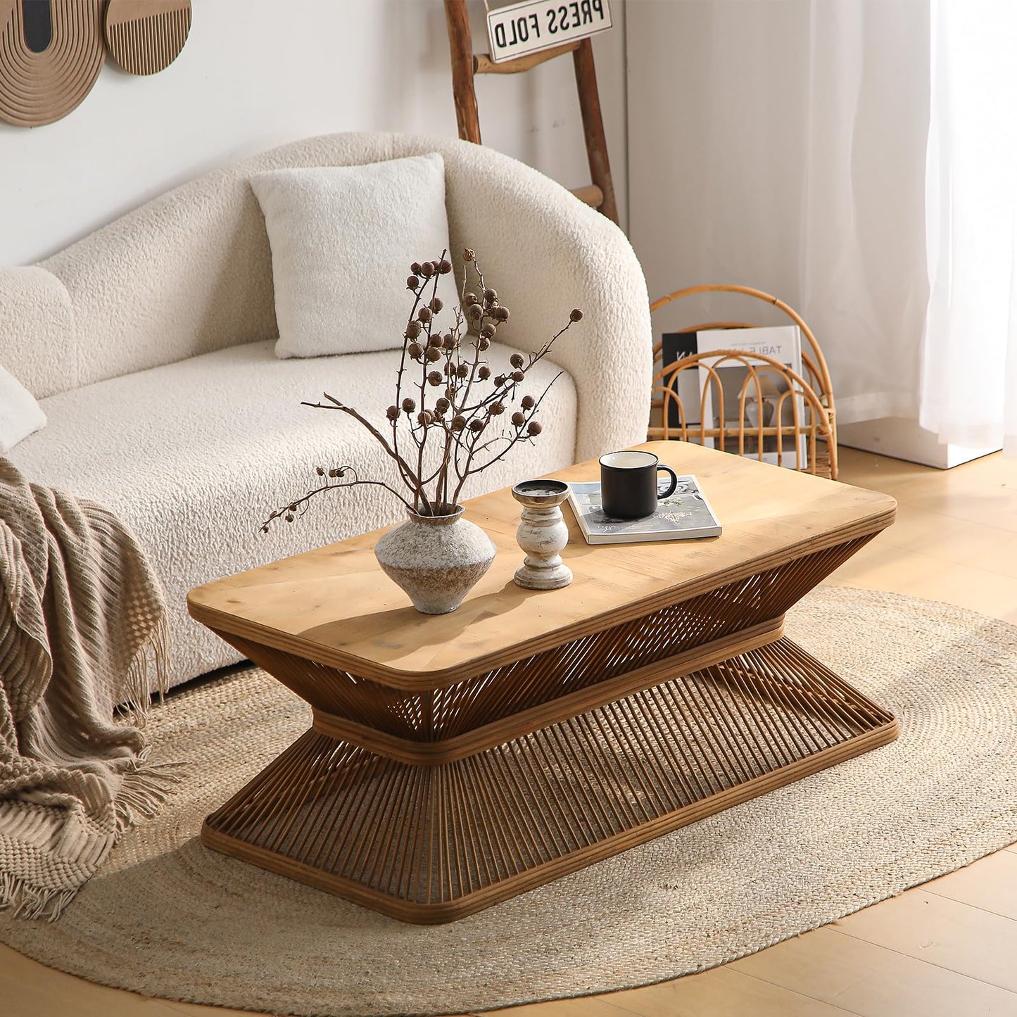 Boho Rectangle Coffee Table, 43.3" Farmhouse Accent Center Tables with Woven Bamboo Openwork Base, French Country Sofa Tables Wooden Cocktail Tea Furniture for Living Room