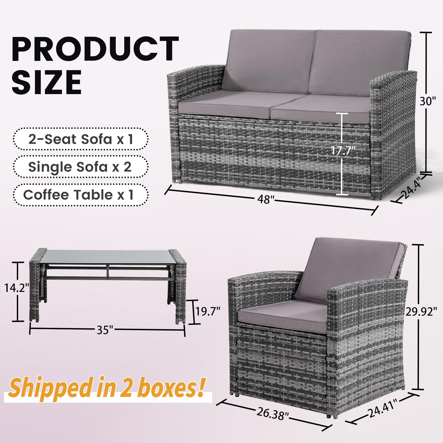 KROFEM 4 Pieces Patio Conversation Set, Outside Rattan Sectional Sofa, Cushioned Furniture Set, Wicker Sofa Ideal for Garden, Porch, Backyard, Grey Color Rattan and Light Grey Cushion
