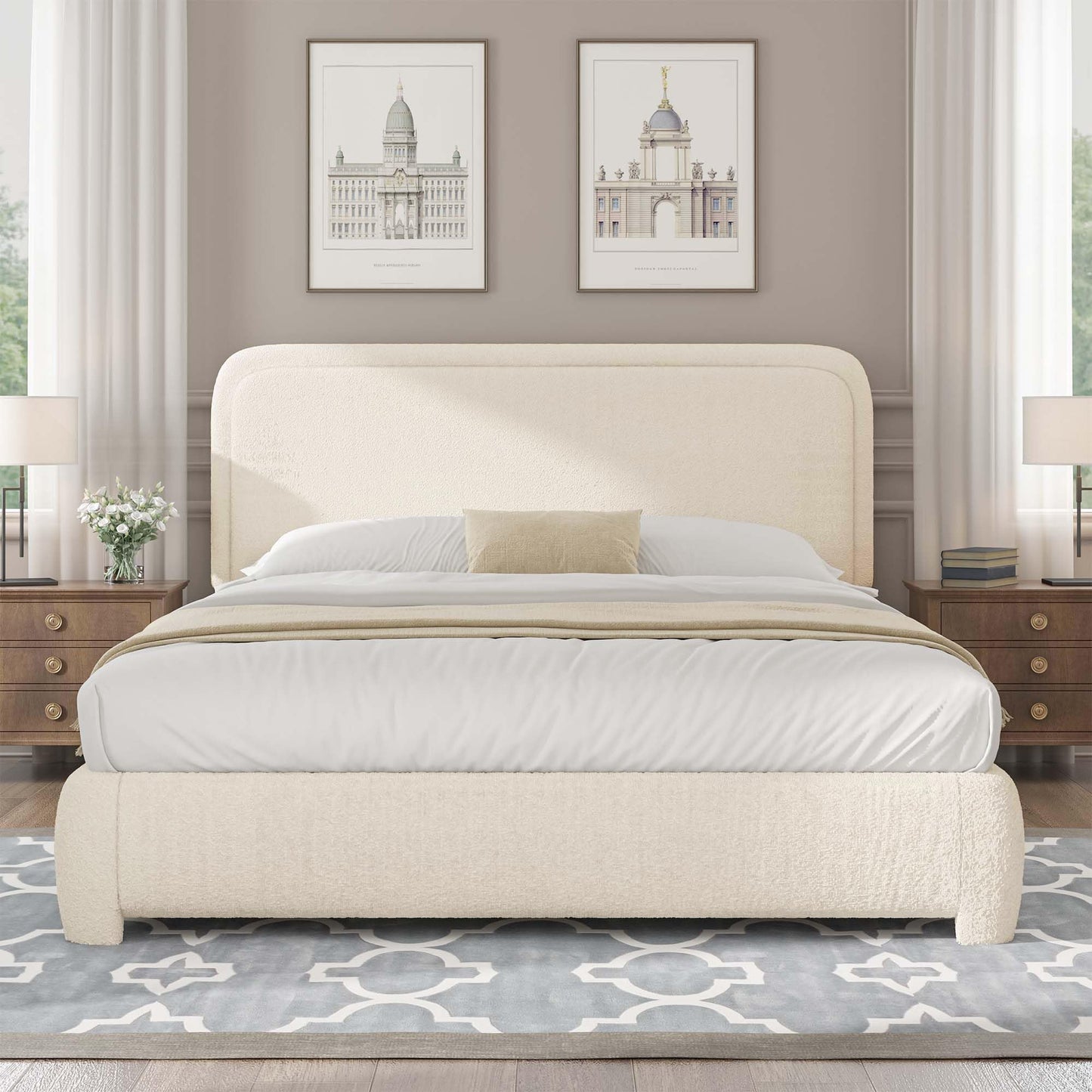 Queen Bed Frame with Headboard, Boucle Upholstered Platform Bed with Wood Slats, Soft Rounded Corners, No Box Spring Required, Easy Assembly, Cream