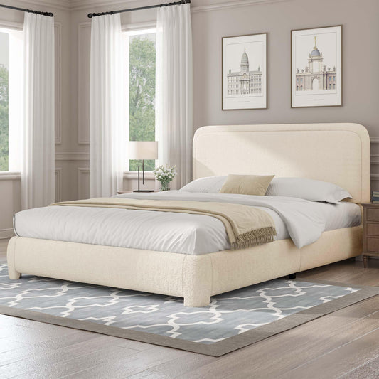 Queen Bed Frame with Headboard, Boucle Upholstered Platform Bed with Wood Slats, Soft Rounded Corners, No Box Spring Required, Easy Assembly, Cream