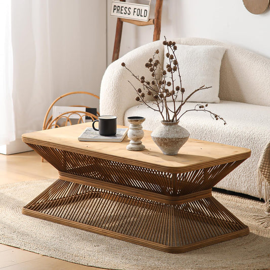 Boho Rectangle Coffee Table, 43.3" Farmhouse Accent Center Tables with Woven Bamboo Openwork Base, French Country Sofa Tables Wooden Cocktail Tea Furniture for Living Room