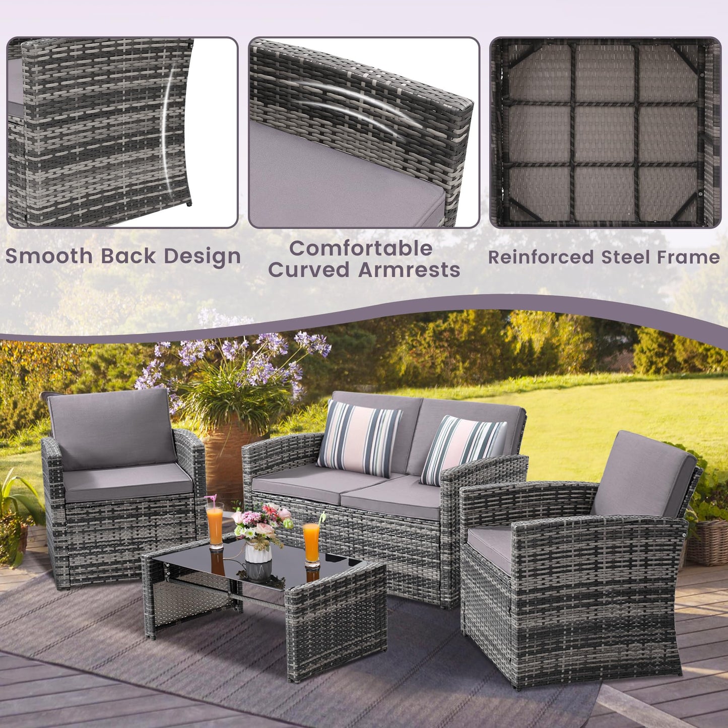 KROFEM 4 Pieces Patio Conversation Set, Outside Rattan Sectional Sofa, Cushioned Furniture Set, Wicker Sofa Ideal for Garden, Porch, Backyard, Grey Color Rattan and Light Grey Cushion